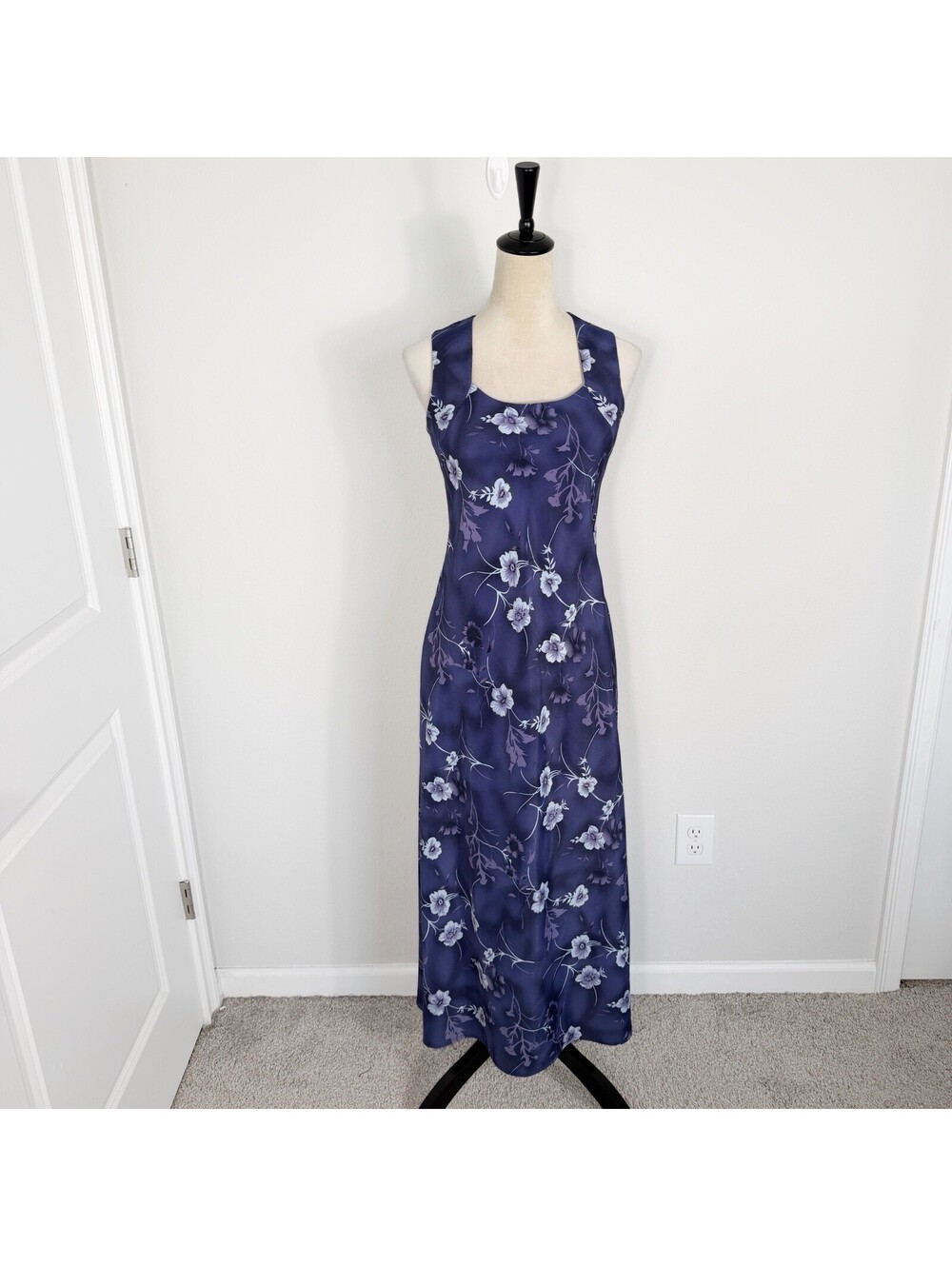 Vintage 80s 90s Blue Floral Midi Dress Cottage Dainty Feminine Modest Size 5/6